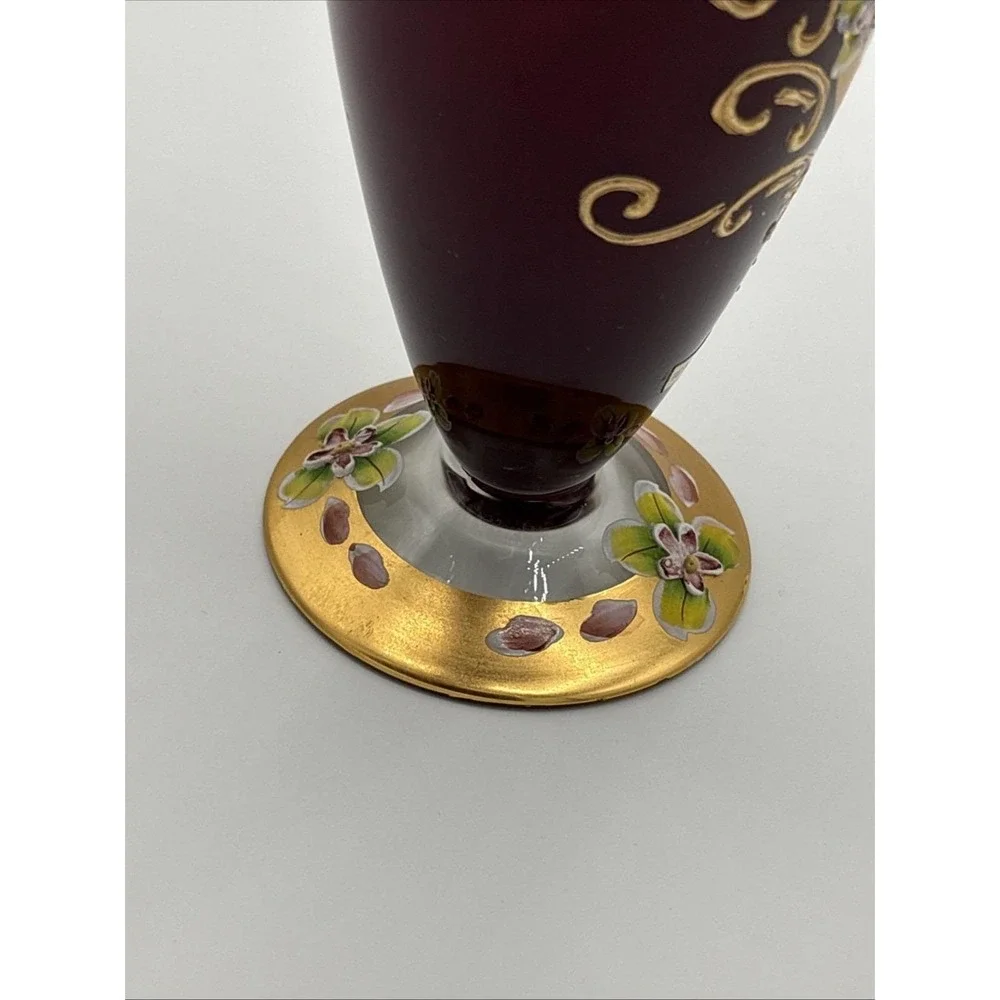 Seyei Japan Ruby Red Cranberry Glass Vase - 24K Gold Gilt & Enamel Flowers